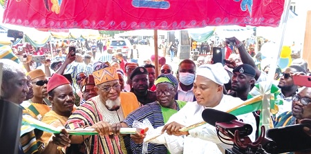 Samuuel Okudzeto Ablakwa (right) Foreign Affairs Minister, being supported by Akamugri Donatus Atanga (2nd from right), Upper East Regional Minister, and Tongraan Kugbilsong Nanlebegtang (2nd from left), the Paramount Chief of the Talensi Traditional Area, to cut the tape to inaugurate the centre Samuuel Okudzeto Ablakwa (right) Foreign Affairs Minister, being supported by Akamugri Donatus Atanga (2nd from right), Upper East Regional Minister, and Tongraan Kugbilsong Nanlebegtang (2nd from left), the Paramount Chief of the Talensi Traditional Area, to cut the tape to inaugurate the centre