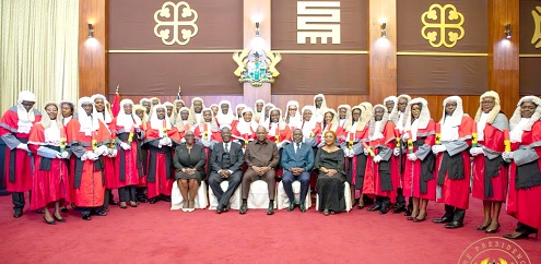 Seated: President John Mahama (middle) flanked by Dr Dominic Ayine (2nd from left), Attorney-General and Minister of Justice; Justice Paul Baffoe-Bonnie, acting Chief Justice; Marietta Brew (left), Legal Counsel to the President, and Dr Valerie Sawyer, Senior Presidential Advisor for Governmental Affairs. With them are the new High Court judges  Seated: President John Mahama (middle) flanked by Dr Dominic Ayine (2nd from left), Attorney-General and Minister of Justice; Justice Paul Baffoe-Bonnie, acting Chief Justice; Marietta Brew (left), Legal Counsel to the President, and Dr Valerie Sawyer, Senior Presidential Advisor for Governmental Affairs. With them are the new High Court judges