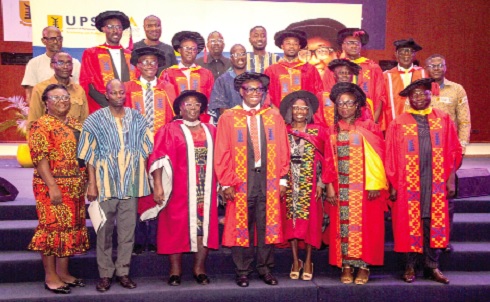 Prof. Albert Puni (middle), Founding Dean of the Distance Learning School at UPSA, with Dr Ummu Markwei (2nd from right), Head of Department of Business Administration; Dr Esther Julia Attiogbe (3rd from right), Senior Lecturer, Business Administration Department, staff and officials after the event. Picture: CALEB VANDERPUYE