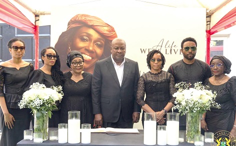 President John Dramani Mahama (middle) with First Lady Lordina Mahama (3rd from left), children and a family member of the late former First Lady, Nana Konadu Agyeman-Rawlings, when he called to condole with the family President John Dramani Mahama (middle) with First Lady Lordina Mahama (3rd from left), children and a family member of the late former First Lady, Nana Konadu Agyeman-Rawlings, when he called to condole with the family