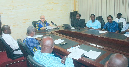 Moses Foh Amoaning (with mic), Executive Secretary, National Coalition for Proper Human Sexual Rights and Family Values, addressing journalists at the press conference. Picture: ERNEST KODZI