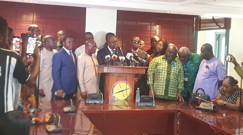 Kwaku Ampratwum-Sarpong (arrowed), MP for Mampong, speaking at the media briefing. Those with him are other Members of Parliament Kwaku Ampratwum-Sarpong (arrowed), MP for Mampong, speaking at the media briefing. Those with him are other Members of Parliament