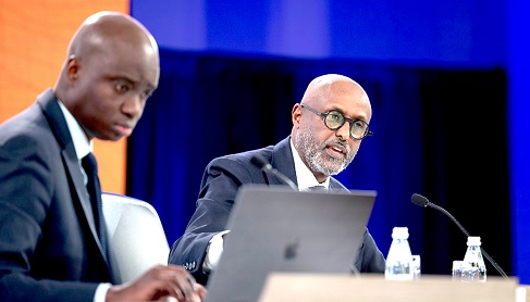 Abebe Aemro Selassie (right), Director, African Department, IMF, addressing a press conference during the IMF–World Bank Annual Meetings. With him is Kwabena Akuamoah-Boateng, Senior Communications Officer, IMF