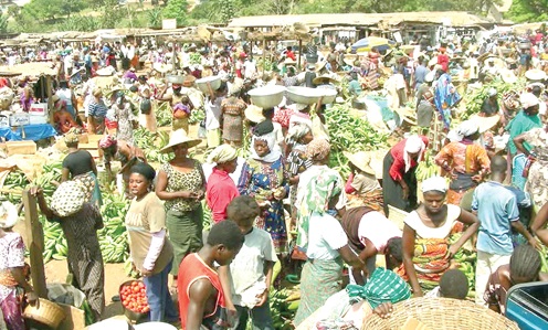 A very busy Techiman Market with an abundance of plantain on sale A very busy Techiman Market with an abundance of plantain on sale