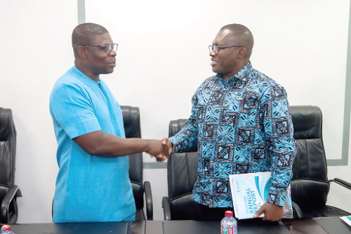 Richard Gyan-Mensah (left), Deputy Minister of Energy, interacting with Kow Eduakwa Sam, CEO, Bui Power Authority, after the meeting. Picture: ELVIS NII NOI DOWUONA Richard Gyan-Mensah (left), Deputy Minister of Energy, interacting with Kow Eduakwa Sam, CEO, Bui Power Authority, after the meeting. Picture: ELVIS NII NOI DOWUONA
