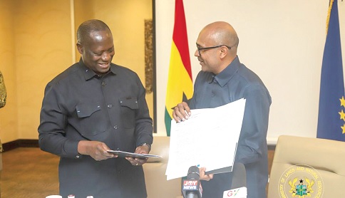 Irchad Razaaly (right), EU Ambassador to Ghana, with Emmanuel Armah-Kofi Buah, Minister of Lands and Natural Resources, at the Joint Monitoring Review Meeting of the VPA