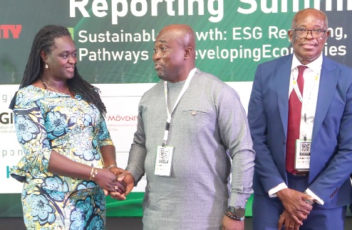 Seth Mahu (middle), Director of Renewable Energy, Ministry of Energy and Green Transition, interacting with Prof. Nana Ama Browne Klutse (left), Chief Executive Officer, Environmental Protection Authority, at the summit. Looking on is Dr Shelter Lotsu (right), CEO, TSL Sustainability. Picture: ELVIS NII NOI DOWUONA 