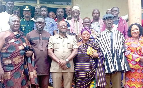 Francis Owusu Antwi (3rd from left), Bono East Regional Minister, with some chiefs and other dignitaries during the visit Francis Owusu Antwi (3rd from left), Bono East Regional Minister, with some chiefs and other dignitaries during the visit