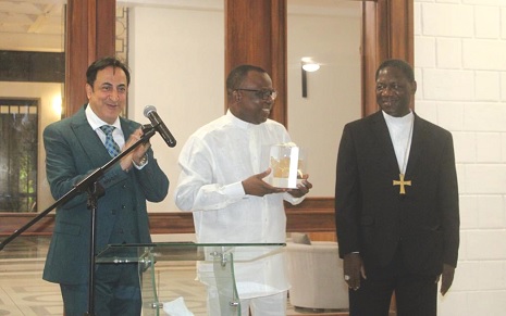 Jules Armand Aniambossou (middle), French Ambassador to Ghana, sharing words of appreciation after receiving a parting present from Maher Kheir (left), the Lebanese Ambassador and the Dean of the Diplomatic Corps Jules Armand Aniambossou (middle), French Ambassador to Ghana, sharing words of appreciation after receiving a parting present from Maher Kheir (left), the Lebanese Ambassador and the Dean of the Diplomatic Corps