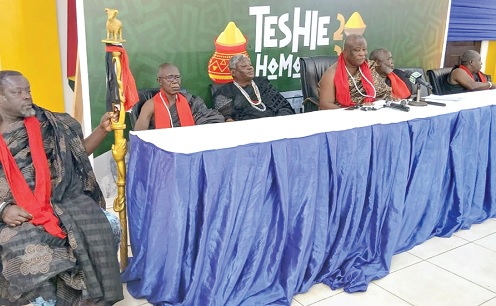 Gbetsorlor Nii Ashitey Akomfra III (3rd from right), Paramount Chief of Teshie, addressing the press while other members of the Council look on