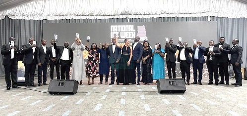Some of the award winners showcasing their award shields during the National ICT Week 2025 Awards Night celebration Some of the award winners showcasing their award shields during the National ICT Week 2025 Awards Night celebration