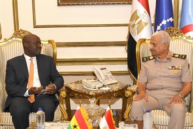Egypt’s Minister of Defense and Commander-in-Chief of the Armed Forces, General Abdel-Meguid Saqr with Ghana’s Minister of Finance and Economic Planning and Acting Minister of Defense Cassiel Ato Forson during their meeting. Photo courtesy of Egyptian Armed forces spokesman. Egypt’s Minister of Defense and Commander-in-Chief of the Armed Forces, General Abdel-Meguid Saqr with Ghana’s Minister of Finance and Economic Planning and Acting Minister of Defense Cassiel Ato Forson during their meeting. Photo courtesy of Egyptian Armed forces spokesman.