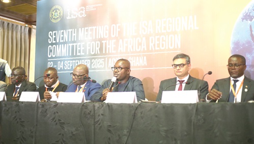 John Abdulai Jinapor (3rd from right), Minister of Energy and Green Transition, answering some questions at the press conference. With him are Ashish Khanna (2nd from right), Director-General, International Solar Alliance, and some ministers from neighbouring African countries. Picture: BENEDICT OBUOBI