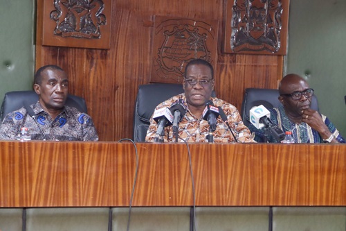 John Kapi (middle), Head of Public Affairs, West African Examinations Council, addressing the press conference. He is flanked by Divine Agbenyo (right), Head of Test Administration Division, WAEC, and Leonard Atsivor (left), acting Head of Test Development Division, WAEC. Picture: ELVIS NII NOI DOWUONA