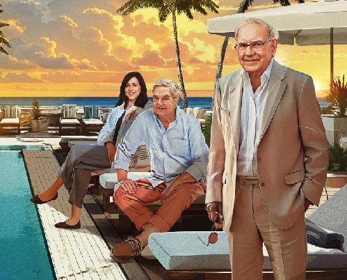 MacKenzie Scott, George Soros, Warren Buffett (Illustration by Neil Jamieson for Forbes)