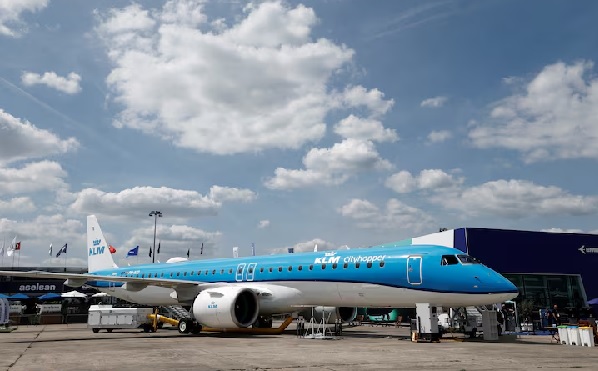 A KLM Embraer E195-E2 aircraft is displayed at the 55th International Paris Airshow at Le Bourget Airport near Paris, France, June 16, 2025