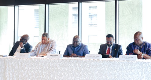 Julius Debrah (middle), Chief of Staff, with Dr Johnson Asiama (2nd from right), Governor, BoG; Goosie Tanoh (2nd from left), Presidential Advisor on the 24-Hour Economy policy, and Dr Nii Moi Thompson (right), Chairperson, NDPC, at the inaugural workshop