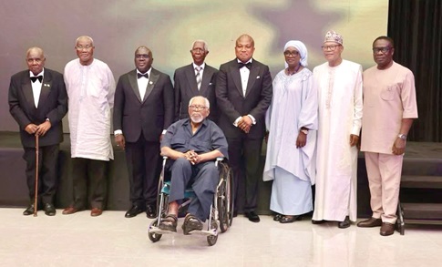 From left: Ambassador James Victor Gbeho; Dr Obed Asamoah; Julius Debrah, the Chief of Staff; Ambassador Chris Kpodo; Samuel Okudzeto Ablakwa, the Minister of Foreign Affairs; Yassine Fall, the Minister of African Integration and Foreign Affairs of Senegal; Dr Mohammed Ibn Chambas and James Gyakye-Quayeson, the Deputy Minister of Foreign Affairs, and Richard M. Akwei (in wheelchair), a former Ghana Permanent Representative at the UN, at the event