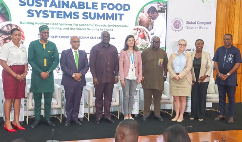 Eric Opoku (4th from left), Minister of Food and Agriculture, with Zia Choudhury (3rd from left), UN Resident Coordinator, Ghana; Lesley Arthur (2nd from right), Board Chair, UN Global Compact Network Ghana; Priya Gujadhur (middle), Senior Resilience Officer, FAO Regional Office for Africa, and some dignitaries after the summit. Picture: ELVIS NII NOI DOWUONA 