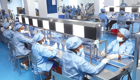 Workers of Atlantic Lifesciences Limited, the biggest manufacturing unit for intra-veinous fluids in West Africa near Old Ningo in the Greater Accra Region