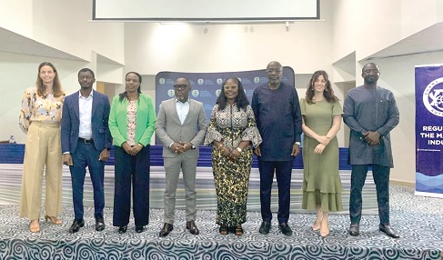 Dorcas Affo-Toffey (4th from right), Deputy Minister, Transport; Prof. Ransford Gyampo (4th from left), CEO, Ghana Shippers Authority; Captain Ali Kamal-Deen (retd) (3rd from right), Director-General, Ghana Maritime Authority, with other dignitaries at the Green Shipping Corridors Pre-Feasibility Study Consortium Incubation Workshop Dorcas Affo-Toffey (4th from right), Deputy Minister, Transport; Prof. Ransford Gyampo (4th from left), CEO, Ghana Shippers Authority; Captain Ali Kamal-Deen (retd) (3rd from right), Director-General, Ghana Maritime Authority, with other dignitaries at the Green Shipping Corridors Pre-Feasibility Study Consortium Incubation Workshop