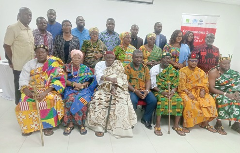 James Gunu (seated, middle), Volta Regional Minister; representatives of the project implementers, and some traditional leaders at the launch James Gunu (seated, middle), Volta Regional Minister; representatives of the project implementers, and some traditional leaders at the launch