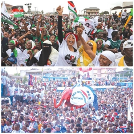 NDC supporters chanting party slogans at a political gathering, Supporters of the NPP at a political rally NDC supporters chanting party slogans at a political gathering, Supporters of the NPP at a political rally