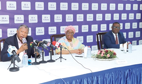 Dr Charles Mensa (left), Board Chair, IEA, explaining a point during the media briefing. With him are Justice Sophia Akuffo (middle), Distinguished Fellow, IEA, and Dr Eric Oduro Osae (right), Senior Fellow, Institute of Economic Affairs.  Picture: EDNA SALVO KOTEY 