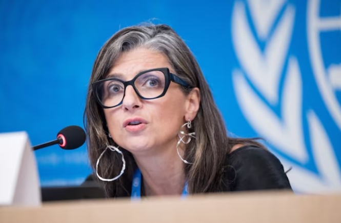 United Nations Special Rapporteur on the situation of human rights in the occupied Palestinian territory, Francesca Albanese, speaks during a press conference at the European headquarters of the UN in Geneva, Switzerland, September 15, 2025. REUTERS/Pierre Albouy/File Photo Purchase Licensing Rights