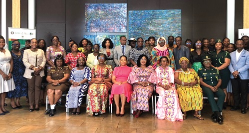 Dr Agnes Naa Momo Lartey, (seated 4th from right ), Minister of Gender, Children and Social Protection, with Dr Odile Ndoumbé Faye (3rd from right), Gender and Civil Society Programme Officer, EGDC; Laila Heward-Mills (5th from right), ECOWAS National Officer at the  Ministry of Foreign Affairs, with participants in the workshop.