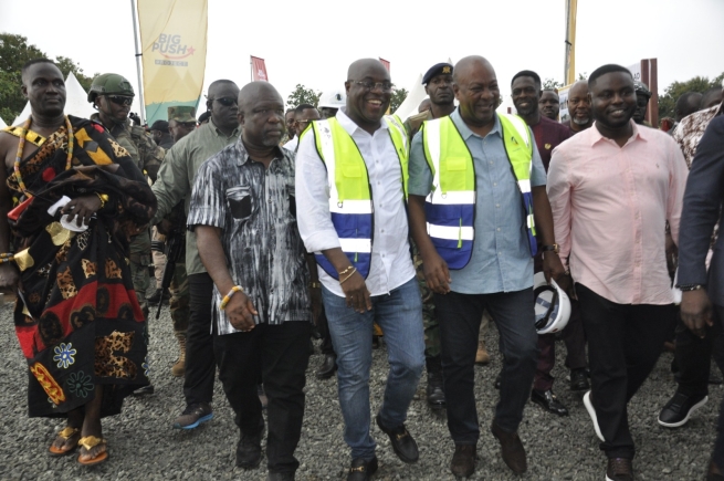 President John Dramani Mahama (2nd from right) and Eric Kutortse (2nd from left), Chief Executive Officer, First Sky Limited, the contractors, arriving at the venue for the sod-cutting