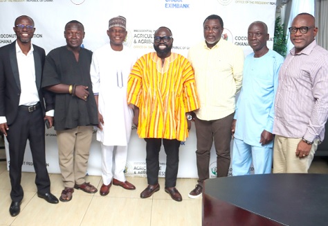 Dr Peter Otokunor (4th from left), Director of Presidential Initiatives in Agriculture and Agribusiness, with Davis Narh Korboe (3rd from right), President, Federation of Associations of Ghanaian Exporters; Patrick Ndabiah (2nd from right), President of the Coconut Federation of Ghana, and some dignitaries after the launch. Picture: ELVIS NII NOI DOWUONA