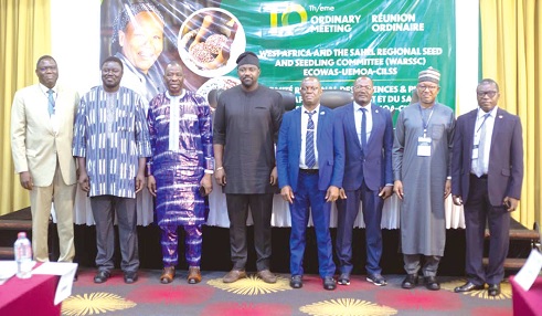 Dr Robert Chakanda (3rd from left), President of the Regional Committee for Pesticides and Seed Control in West Africa; Dr Sylvain N. Ouedraogo (2nd from left), Deputy Executive Secretary of CILSS; John Dumelo (4th from left), Deputy Minister of Food and Agriculture, and some other dignitaries at the 10th Ordinary Meeting of the Regional Committee of Seeds and Seedlings of West Africa and the Sahel Region