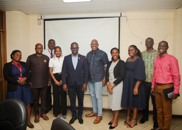 Ato Afful (5th from right), MD, GCGL; Dr Arnold Kavaarpuo (4th from left), Executive Director, Data Protection Commission; Quintin Akrobotu (2nd from left), Director of Regulatory and Compliance at the commission, with other staff of the commission and GCGL. Picture: CALEB VANDERPUYE 