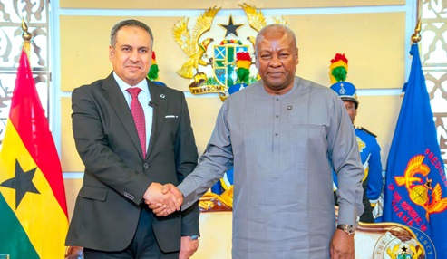 President John Mahama (right) in a handshake with Wael Fathy, Ambassador of Egypt