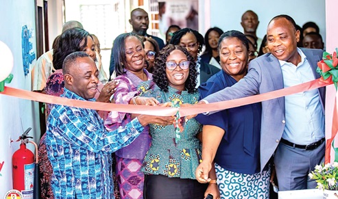 Evans Aggrey-Darkoh (left), Head of the Office of Civil Service; Eunice Osae (2nd from left), former Chief Director of OHCS; Dr Akua Ofori-Asumadu (2nd from right), National Programme Manager at International Labour Organisation; Bright Appiah (right), Executive Director of Child Rights International, and others cutting the tape to inaugurate the new crèche facility Evans Aggrey-Darkoh (left), Head of the Office of Civil Service; Eunice Osae (2nd from left), former Chief Director of OHCS; Dr Akua Ofori-Asumadu (2nd from right), National Programme Manager at International Labour Organisation; Bright Appiah (right), Executive Director of Child Rights International, and others cutting the tape to inaugurate the new crèche facility