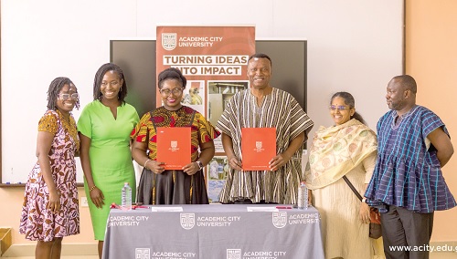 Dr Lucy Agyepong (3rd from left), Vice-President of Institutional Advancement for Academic City, and Col. JM Opai-Tetteh (3rd from right), Director of Strategic Development at Arima Resources Dr Lucy Agyepong (3rd from left), Vice-President of Institutional Advancement for Academic City, and Col. JM Opai-Tetteh (3rd from right), Director of Strategic Development at Arima Resources