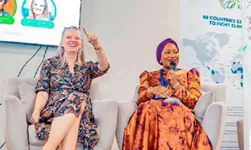 Samira Bawumia (right), wife of former Vice­-President Dr Mahamudu Bawumia,  making a presentation while Dymphna van der Lans, CEO of Clean Cooking Alliance’s Leadership Series, acknowledges a contributor at the discussion 