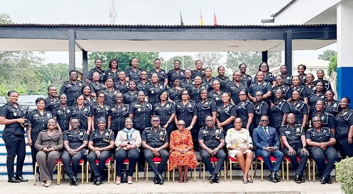 COP (rtd) Beatrice Zakpaa Vib-Sanziri (middle) with COP Maame Yaa Tiwaa Addo Danquah (4th from left), President of POLAS; DCOP Dr Herbert Gustav Yankson (5th from left), Commandant of the Ghana Police Academy, with the participants