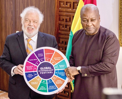 President John Dramani receiving the licence to host GEF 2025 from Dan Walkovitz (left), GEF Board Chairman