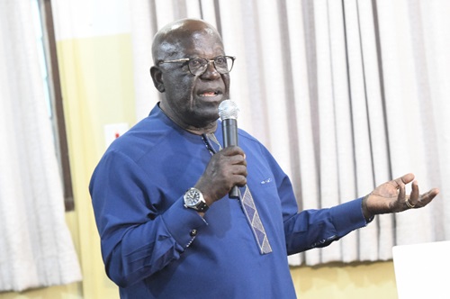 Sir Sam Esson Jonah, Chancellor, University of Cape Coast, addressing students and management of Wisconsin International University College in Accra. Pictures: SAMUEL TEI ADANO