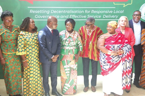 Prof. Naana Jane Opoku-Agyemang (4th from left), Vice-President, interacting with Ahmed Ibrahim (3rd from left), Minister of Local Government, Chieftaincy, and Religious Affairs, and Gameli Kewuribe Hoedoafia (5th from left), Executive Secretary, IMCCoD, at the forum. With them are other dignitaries. Picture: ELVIS NII NOI DOWUONA 