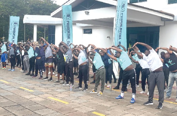 • Prudential Bank staff in an energetic aerobics session at the company’s head office to round off their health walk • Prudential Bank staff in an energetic aerobics session at the company’s head office to round off their health walk