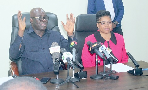 Eric Opoku (left), Minister of Food and Agriculture, addressing the meeting. With him is Myriam Montrat (right), Canadian High Commissioner to Ghana. Picture: ERNEST KODZI 