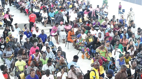 Some of the affected students and their parents at GNAT Hall in Accra. Picture SAMUEL TEI ADANO