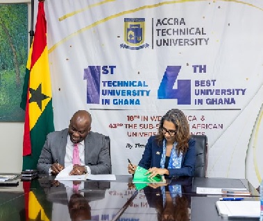  Salomé Azevedo (right), Managing Director of Nestlé Ghana and  Prof. Amevi Acakpovi,  Vice Chancellor of ATU signing the documents