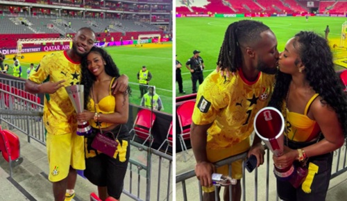Antoine Semenyo celebrates Player of the Match award with fiancée Jordeen Buckley