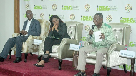 Kwesi Jonah (right), Senior Research Fellow, IDEG, in a panel discussion with Becky Enyonam Ahadzi (middle), Coordinator, Affirmative Action  Law Coalition, and Prof. Kofi Quashigah (left), former Dean, UG Law School. Picture: ERNEST KODZI
