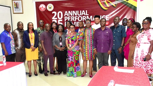Dr Shirley Owusu-Ofori (6th from left), CEO of the NBS; Dr Yvonne Dzifa Quarshie (6th from right), acting Director of Allied Health Services at Tamale Teaching Hospital; Dr  Ernest Konadu Asiedu (5th from right), Head of the Medical and Dental Programme Technical Coordinating Directorate at the Ministry of Health, and Dr Yaw Opare Larbi (4th from right), Deputy Medical Director of Komfo Anokye Teaching Hospital, with other participants in the meeting. Picture: ESTHER ADJORKOR ADJEI