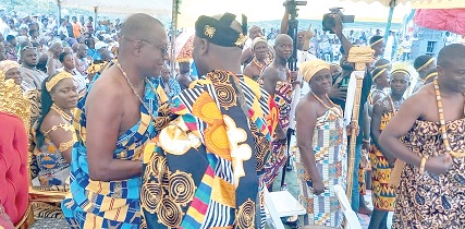 Otekple Nana Soglo Alloh IV (left), welcoming Togbega Gabusu VII,the Paramount Chief of the Gbi Traditional Area, to the durbar ground